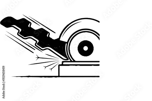Black and white drawing of a power tool cutting into a metal bar, creating sparks