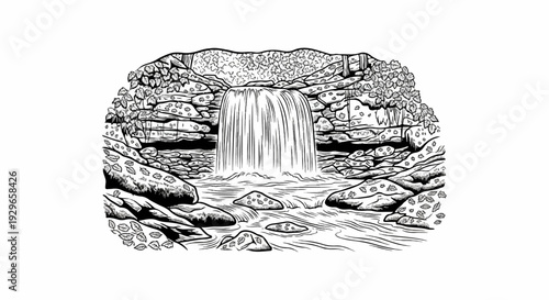 Detailed black and white illustration of a cascading waterfall surrounded by mossy rocks and foliage