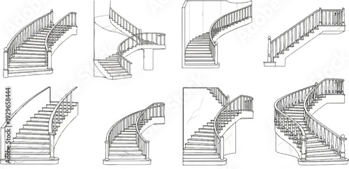 A collection of architectural sketches showcasing ornate spiral and curved staircases