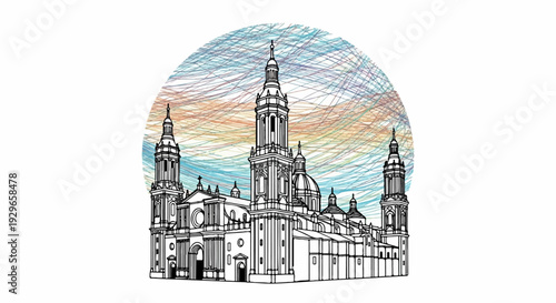 Ornate church with multiple towers and domes against a colorful, scribbled circular background
