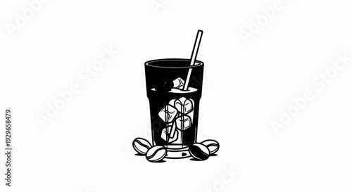 Black and white illustration of a tall glass of iced coffee with a straw and coffee beans