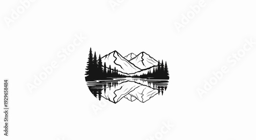 Stylized mountain range reflected in calm water with pine trees