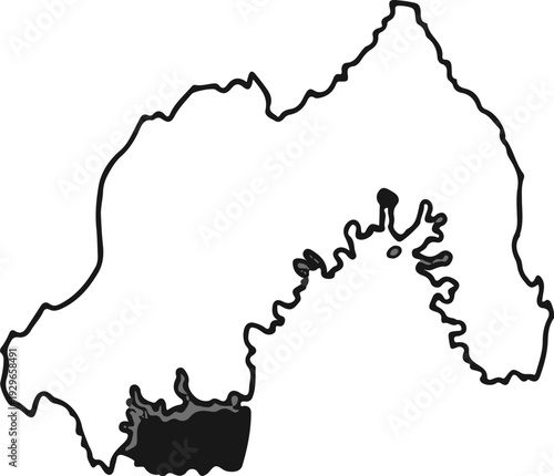 Stylized outline map of a landmass with irregular coastlines and internal water bodies