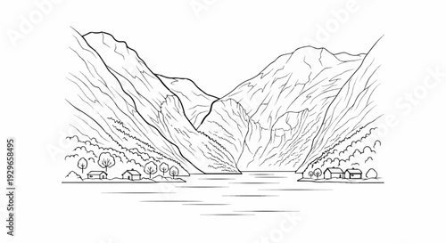 Dramatic, stark mountains frame a serene, calm body of water with a small village