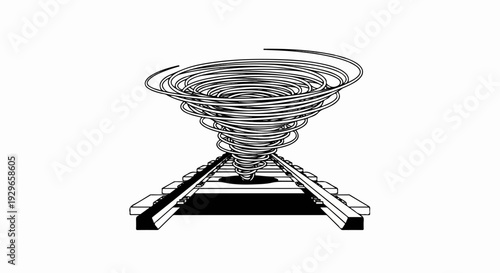 A swirling tornado descends upon a set of train tracks, casting a dark shadow