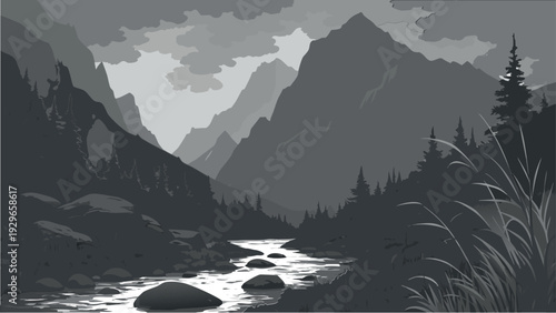 Moody Grayscale Vector Illustration of a High Mountain Valley with Pine Trees and Rocky River