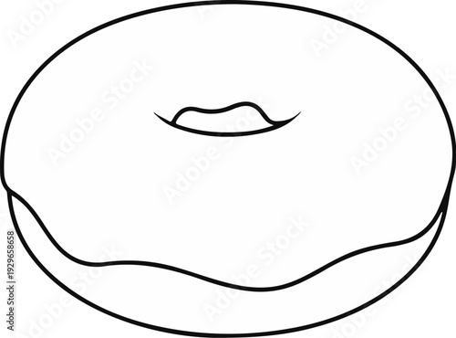 A black and white outline drawing of a simple ring donut with a bite taken out of it
