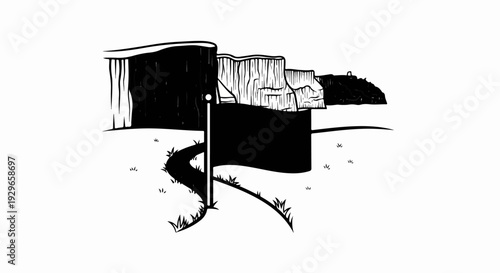 A stark black flag flies against a backdrop of rugged cliffs