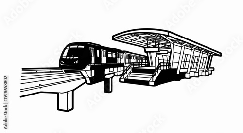 Modern train arriving at an elevated station on a bright, clear day