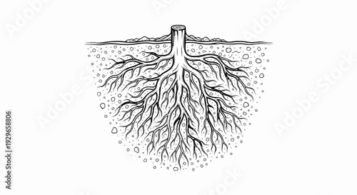 Detailed black and white illustration of a tree trunk's extensive root system in soil