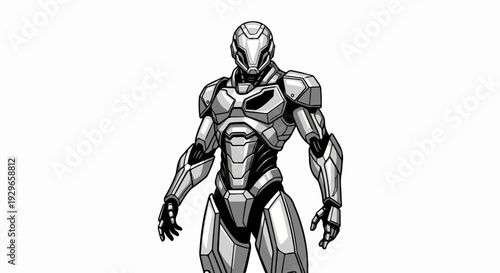A sci-fi powered suit of armor stands ready, metallic sheen, futuristic design
