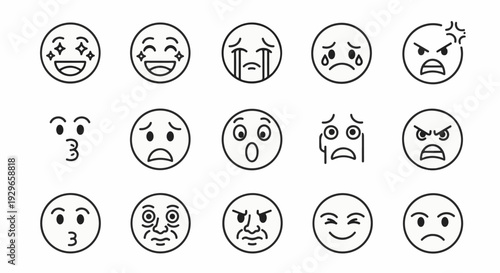 A collection of black and white line art emojis expressing various emotions