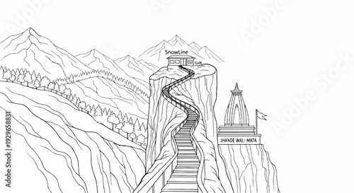 A steep, winding staircase ascends a rocky cliff to a cafe, with mountains in background