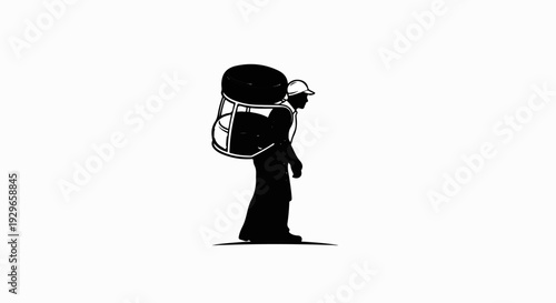 Silhouette of a person carrying a large load on their back
