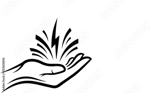 A stylized hand holds a lightning bolt with radiating energy lines