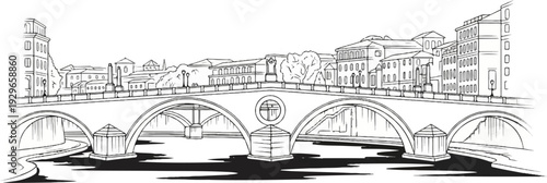 An illustrative sketch of an old stone bridge spanning a river with buildings in the background