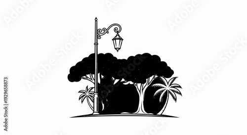 Ornate lamppost illuminates a lush park with diverse trees and palms