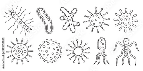 Different types of virus and bacteria icons vector illustrations for biotechnology and healthcare design