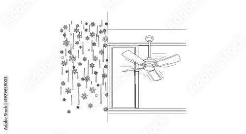 Whimsical snowflake and icicle decor adorns a wall next to a spinning ceiling fan