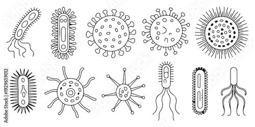 Set of line art icons featuring various bacteria and viruses, perfect for medical and science designs