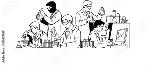 Diverse scientists in lab coats conduct experiments with microscopes, beakers, test tubes, and computers