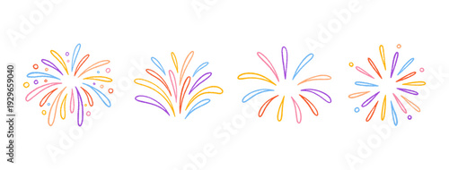 Crayon colorful fireworks set. Hand drawn sketches of sparkles, firecracker, confetti. Pencil or chalk drawing. Cute childish party mood doodles. For birthday, carnival, holiday designs. Vector