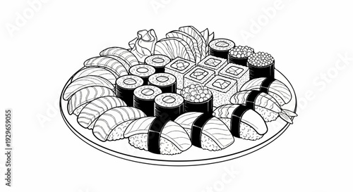 A detailed illustration of a diverse assortment of sushi and rolls artfully arranged on a circular platter