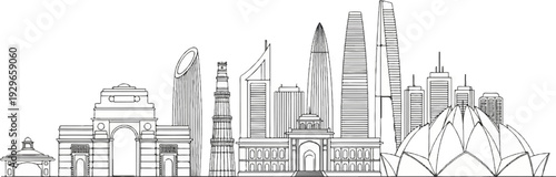 A detailed line drawing showcases a cityscape with historical monuments and modern skyscrapers side-by-side