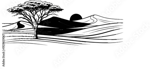 Stylized depiction of a lone tree in a desert landscape with dunes and a setting sun