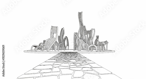 Organic, abstract structures rise from a circular base, approached by a cobblestone path