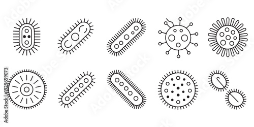 Abstract microbe icons in thin line style showing diversity of microscopic life for laboratory use cases