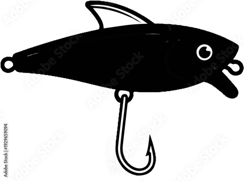 A black fishing lure shaped like a fish with a hook attached