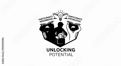 Stylized figures absorbing knowledge, a glowing lightbulb, and a locked box represent unlocking potential