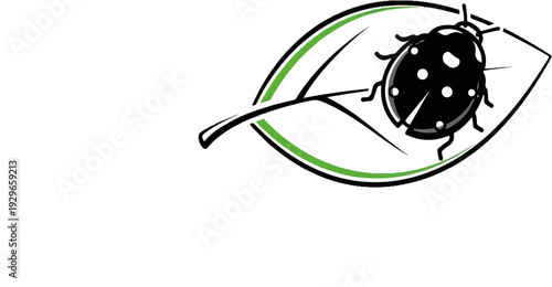 Stylized black ladybug with white spots resting on a green-lined leaf