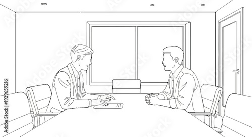 Two men in a meeting room, one gesturing at a tablet on the table