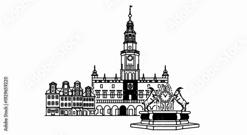 Stylized black and white depiction of a city skyline with a clock tower, historic buildings, and a goat fountain