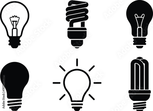 Collection of black light bulb icons featuring classic incandescent globes, energy saving spiral lamps, and glowing light silhouettes on white.