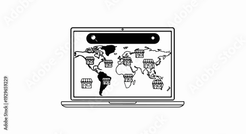 Laptop screen displays world map with franchise store locations and search bar
