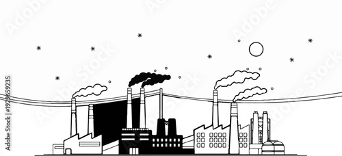 Industrial silhouette of factories emitting smoke under a sky with a sun and stars