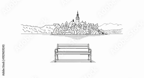 A tranquil lakeside scene with an island church and an empty park bench
