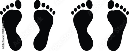 Human footprints silhouette set, black foot prints collection, walking track symbol, barefoot steps vector illustration isolated on background