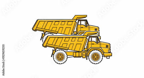 Two yellow dump trucks stacked, one tilted upwards and the other below