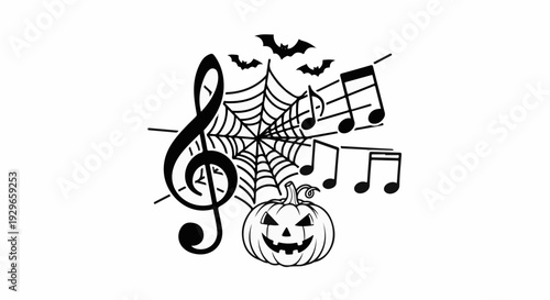 Halloween motifs musical notes, bats, spiderweb, and jack-o'-lantern
