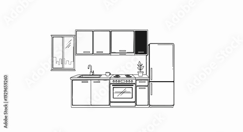 Simple line drawing of a compact kitchen with a window showing a city skyline