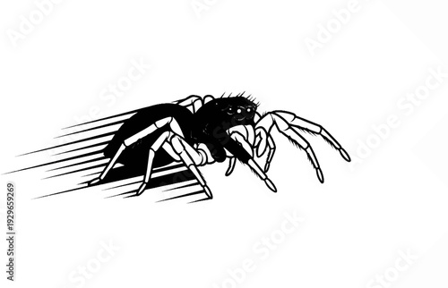 A black, illustrative spider with eight legs and multiple eyes is depicted in motion