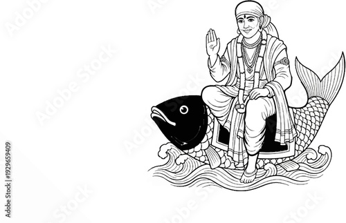 A traditional Indian illustration depicts a divine figure riding a fish through stylized waves