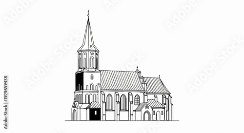 Stylized line art depicts a detailed Gothic church with a tall spire and arched windows