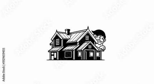 Whimsical cartoon character peeking over a stylized, silhouetted house