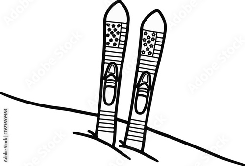 A minimalist line drawing of two skis and bindings resting on a snowy slope