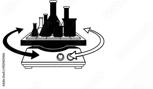 Lab equipment including flasks and beakers on a rotating shaker